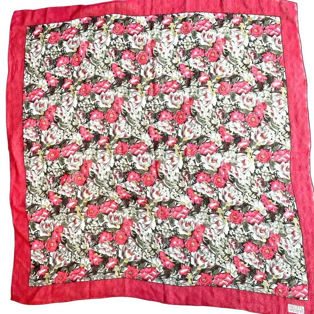 Alcott & Andrews sheer silky crepe scarf red & green floral square cottagecore